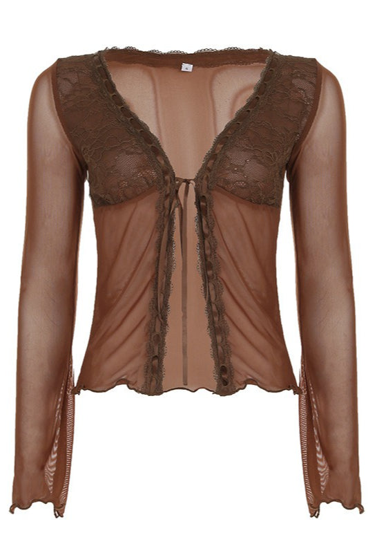 Sheer Mesh Lace Waist Tie Blouse