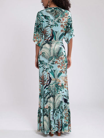 Floral-Print Half Sleeve Knotted Maxi Dress