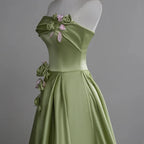 A-Linien-Ballkleid aus Satin mit Blumen, langes Abendkleid, Ballkleid aus Satin