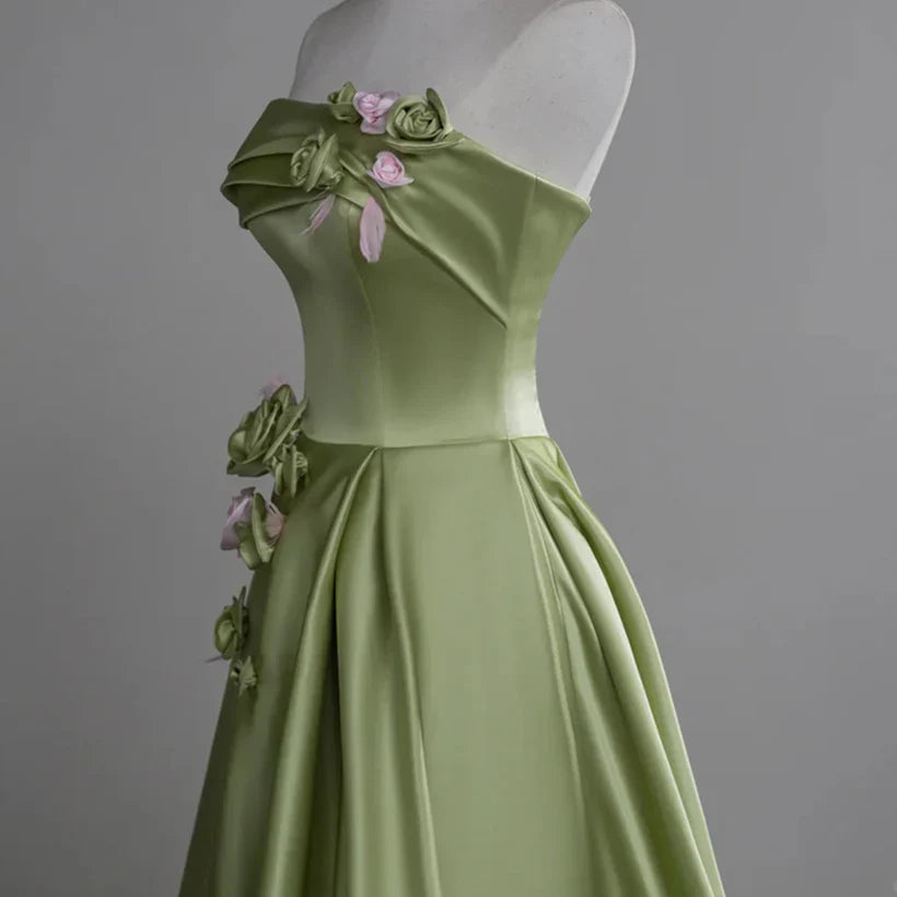 A-Linien-Ballkleid aus Satin mit Blumen, langes Abendkleid, Ballkleid aus Satin