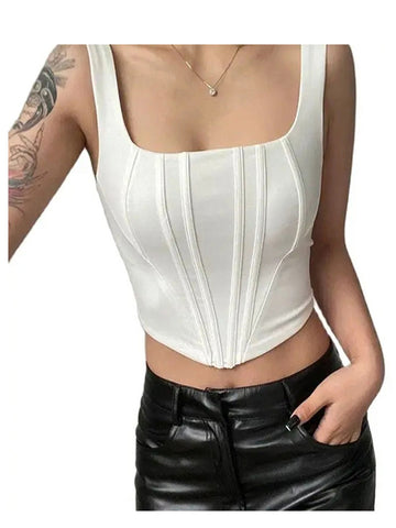 Tops cortos de verano 2024, sexys, con cuello cuadrado, ajustados, sin espalda, cortos, sin mangas, camisetas sin mangas para mujer, camisola básica informal de color sólido 