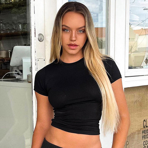 Casual Women's Solid Color Round Neck Pullover T-shirt – Street Sexy Slim Fit Tops