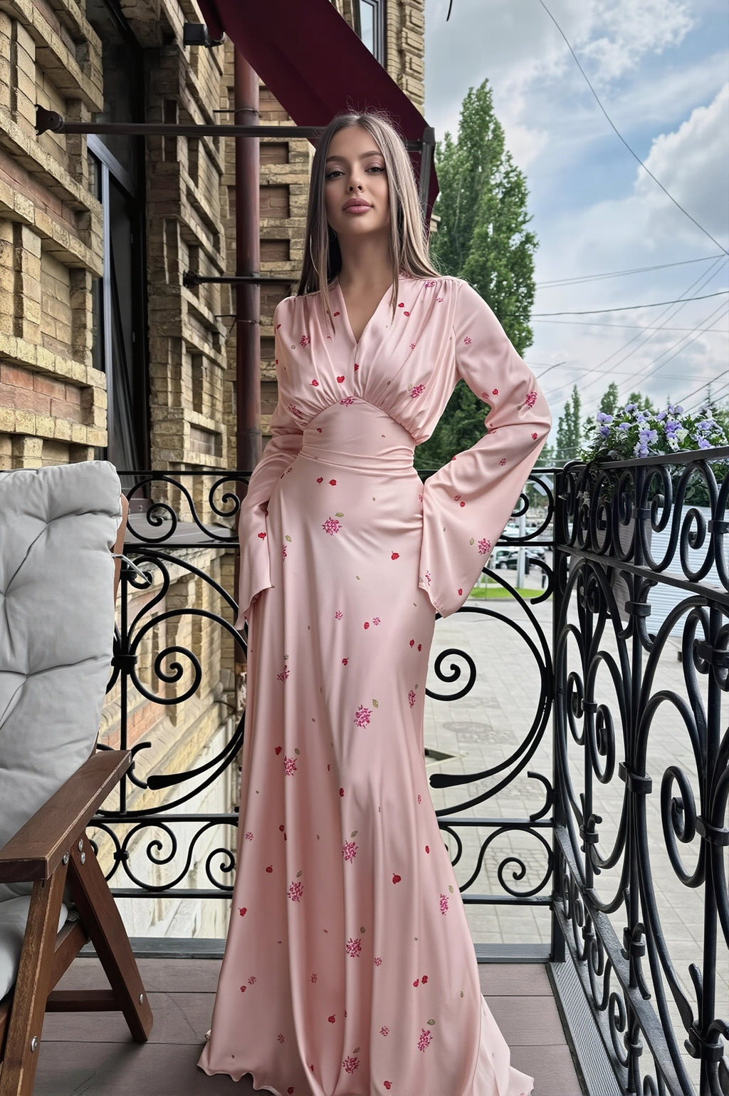 Satin Floral Long Sleeve Bodycon Maxi Dress