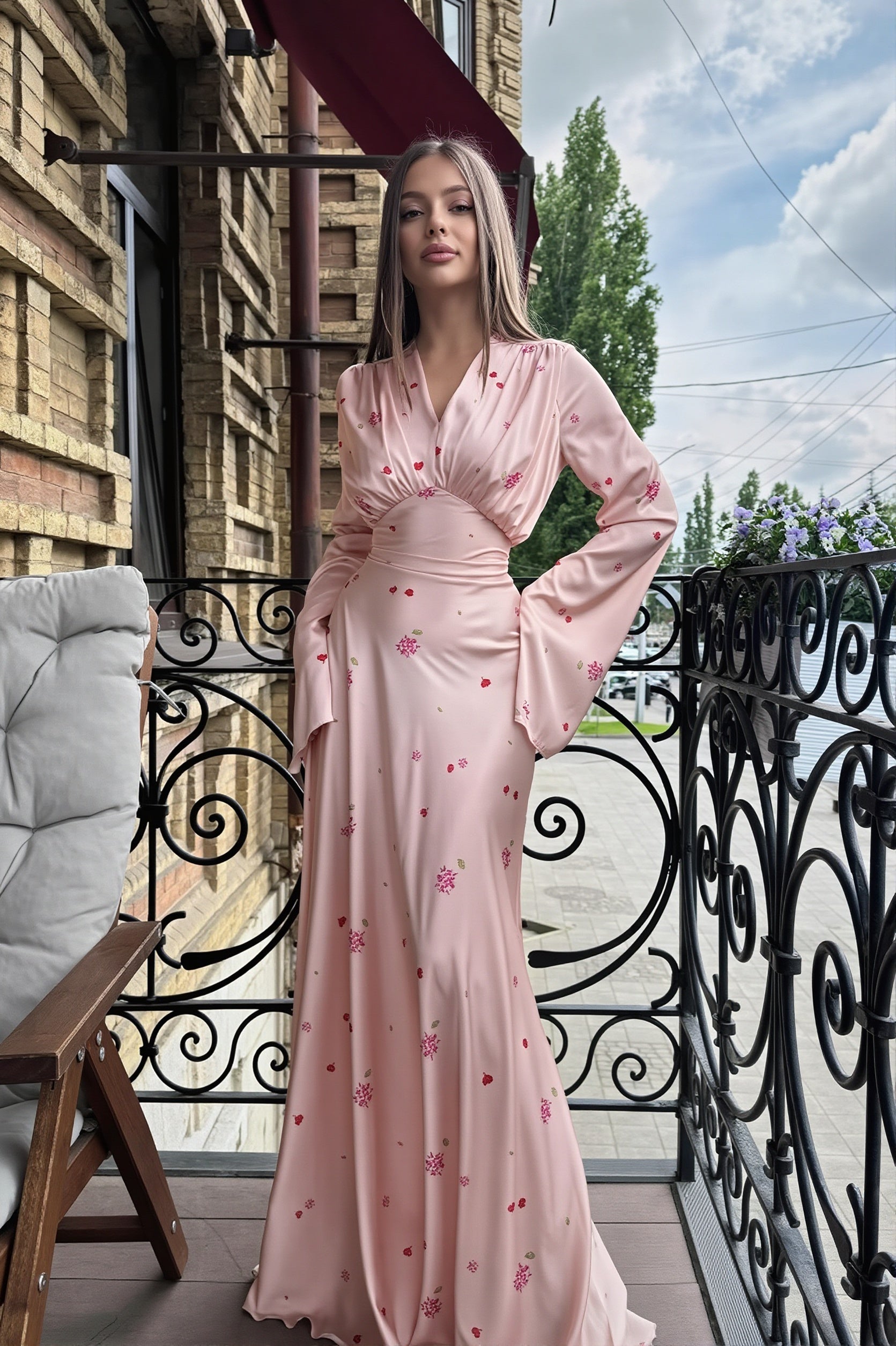 Satin Floral Long Sleeve Bodycon Maxi Dress