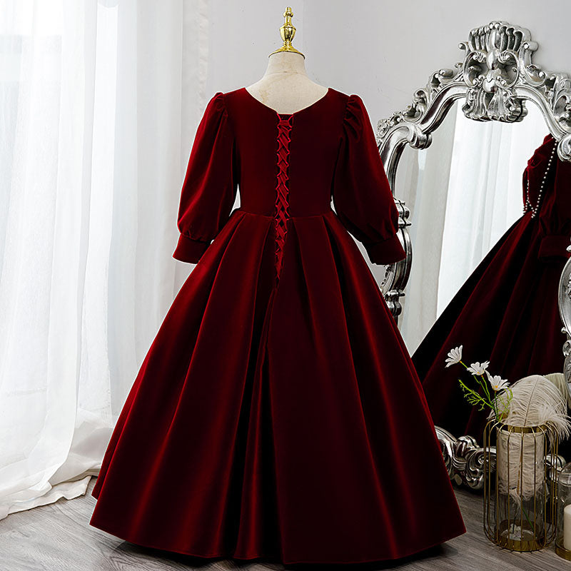 Vestido de niña de las flores para comunión, elegante vestido de princesa de manga larga con lazo de terciopelo rojo 