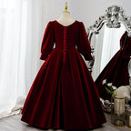Vestido de niña de las flores para comunión, elegante vestido de princesa de manga larga con lazo de terciopelo rojo 