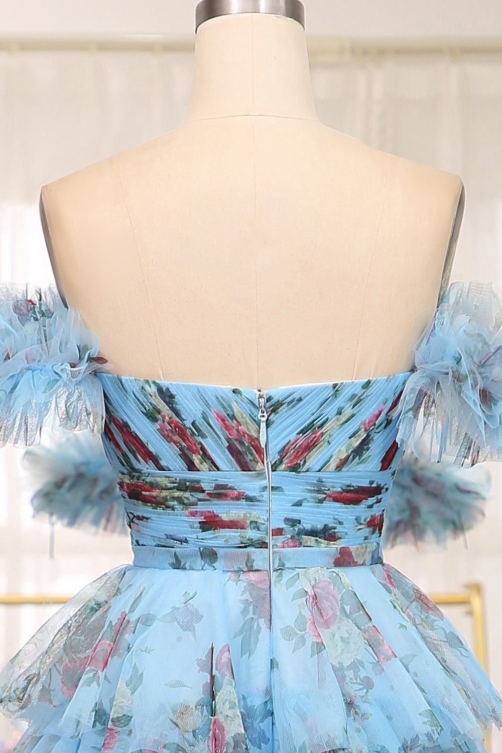 Charming A Line Off the Shoulder Blue Printed Long Prom Dress with Ruffles