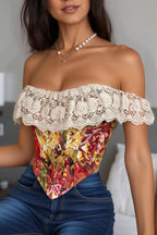Art Print Lace Panel Boned Vintage Jacquard Cami Blouse