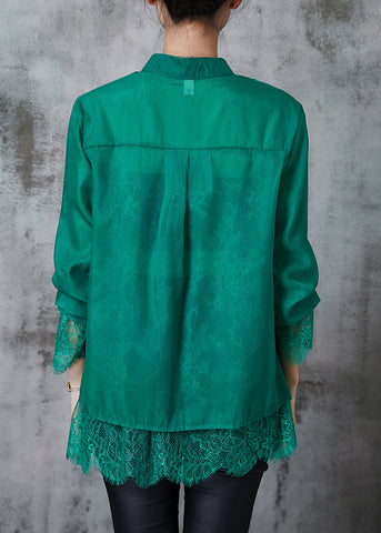 Kunst Grün Chinesische Taste Patchwork Spitze Hemd Tops Sommer 