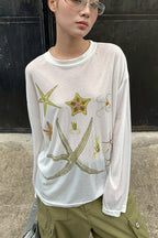 Casual Starfish Sheer Long Sleeve T-shirt