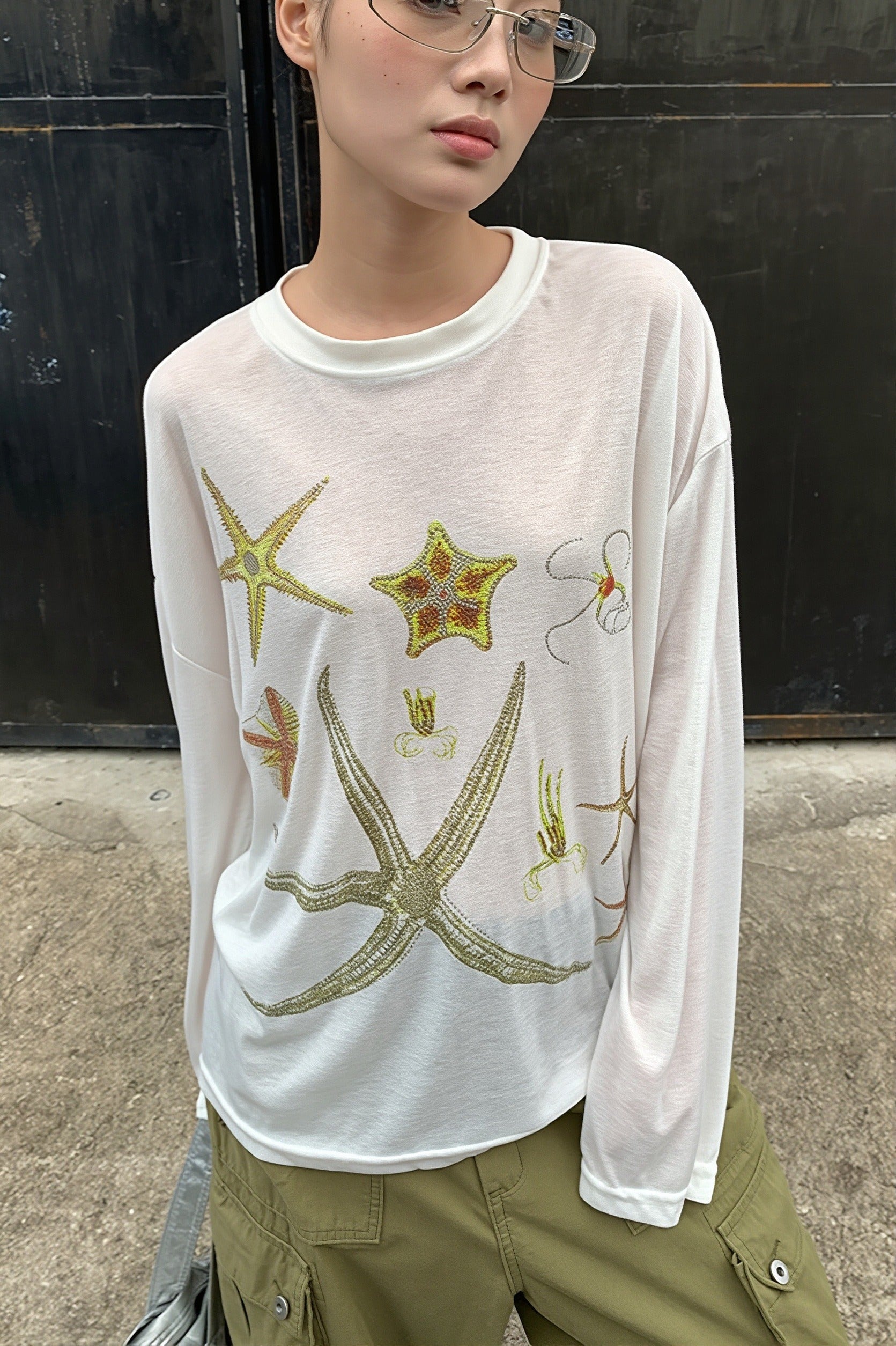 Casual Starfish Sheer Long Sleeve T-shirt