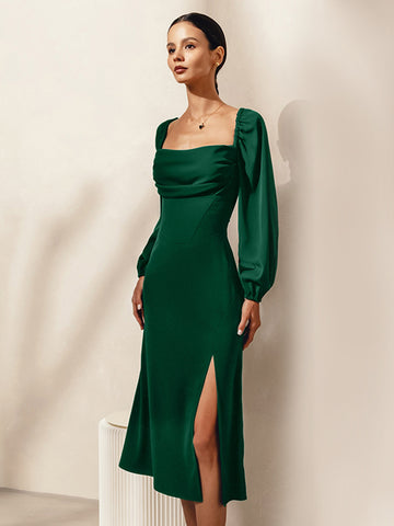 Sexy Slit Dress Square Neck Lace-up Backless Birthday Party Prom Midi Dresses