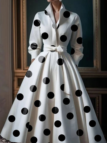 Polka Dot Lace Patchwork Belt Pocket Midi Dress