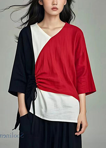 Pre sale - shipping in 30 days/Italian Colorblock Cinched Patchwork Linen Shirt Tops Summer