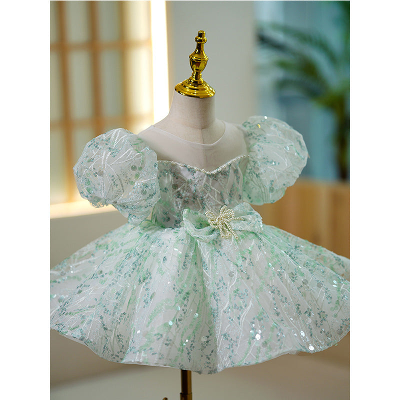 Ballkleid für Kleinkinder, Mädchen, Festkleid, Prinzessin, Grün, Pailletten, Puffärmel, Kommunionskleid 