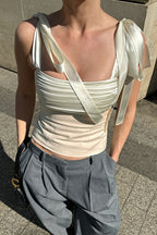 Elegant Solid Pleated Slim Tie Cami Top
