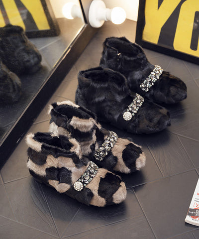 Botines ajustados de pelo de visón caqui negro con circón 