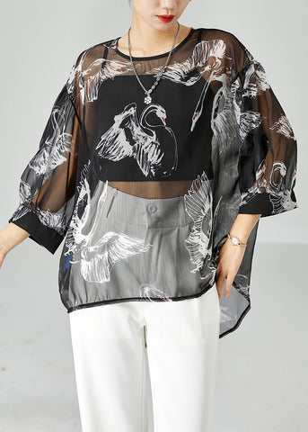 Boho Schwarz Oversized Print Tüll UPF 50+ Tops Armband Ärmel 