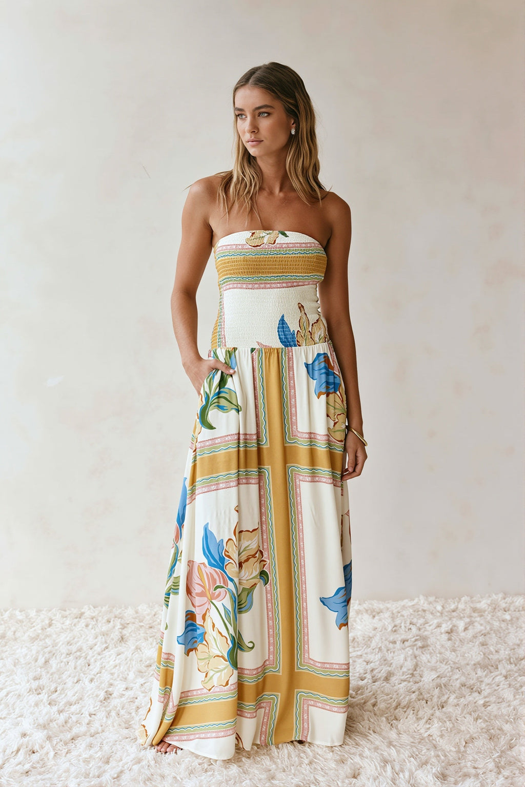 Boho Floral Bandeau Vacation Maxi Dress
