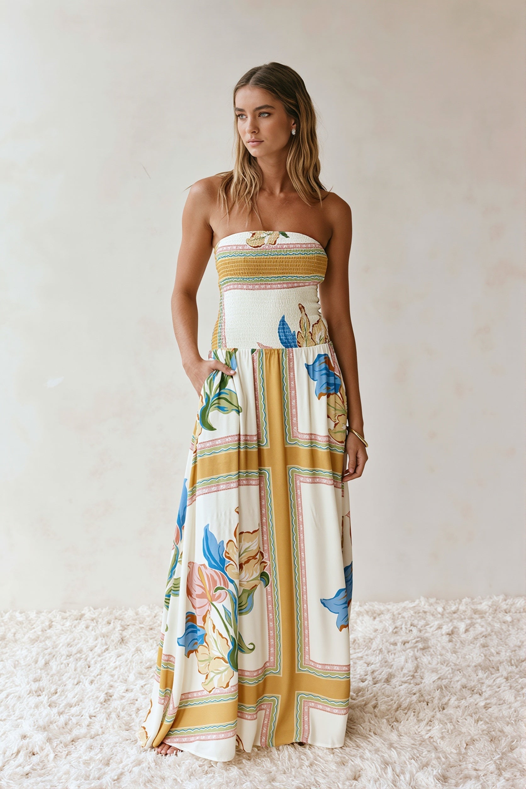 Boho Floral Bandeau Vacation Maxi Dress