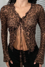 Leopard Print Sheer Tie Long Sleeve Blouse