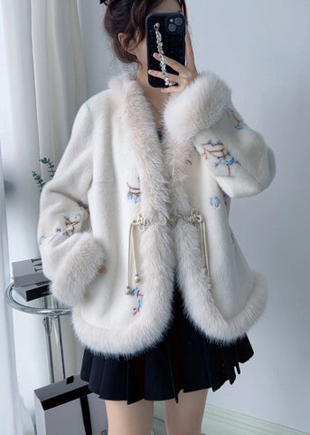 Vintage Rosa V-Ausschnitt Bestickter Fuchspelz Nerz Kaschmirmantel Winter 