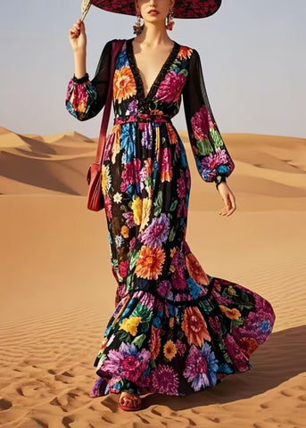 Stil Schwarz V-ausschnitt Blumendruck Baumwolle Vestidos Kleid Frühling