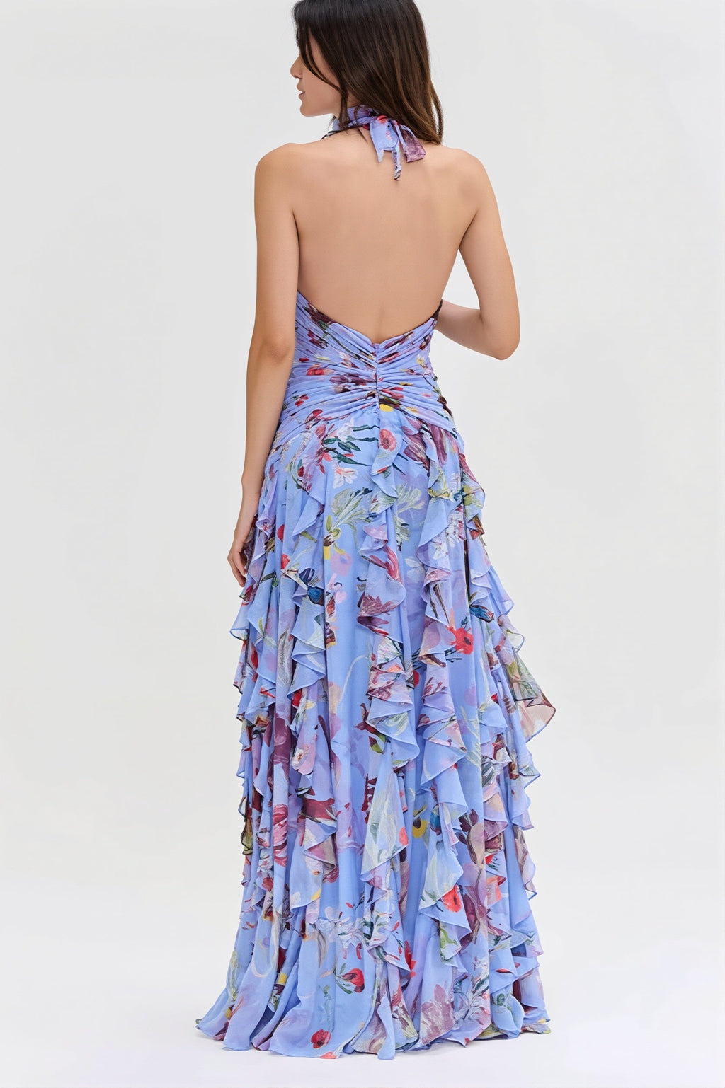 Chiffon Floral Halter Tie Tiered Maxi Dress