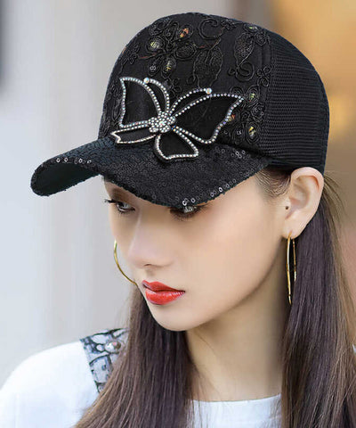 Gorra de béisbol con mariposa de circonita y malla rosa de moda de verano para mujer 