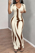 Elegant Daily Commute Printed Short Sleeve V Neck Slim Maxi Dress