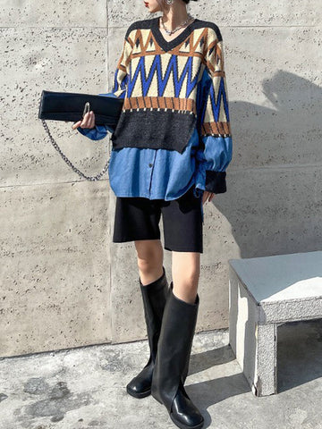 False Two Long Sleeves Drawstring Split-Joint V-Neck Sweater