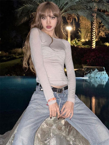 Tossy Summer Mesh For Women tees Y2k Top Sheer Slim Fashion Long Sleeve Pleated T-shirt Top Star Outfit See-through Sexy T-shirt