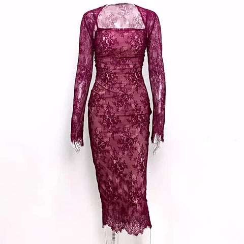 Figurbetontes Kleid aus Spitze, verstellbarer Spaghettiträger, Schnürung, sexy Party-Midikleider 