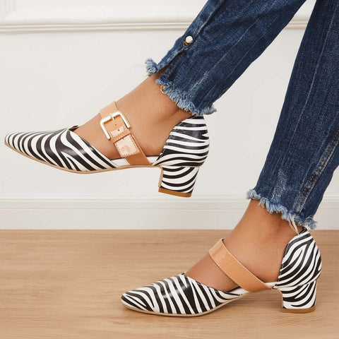 Block Low Heel Mary Jane Pumps Pointed Toe Buckle Dress Shoes