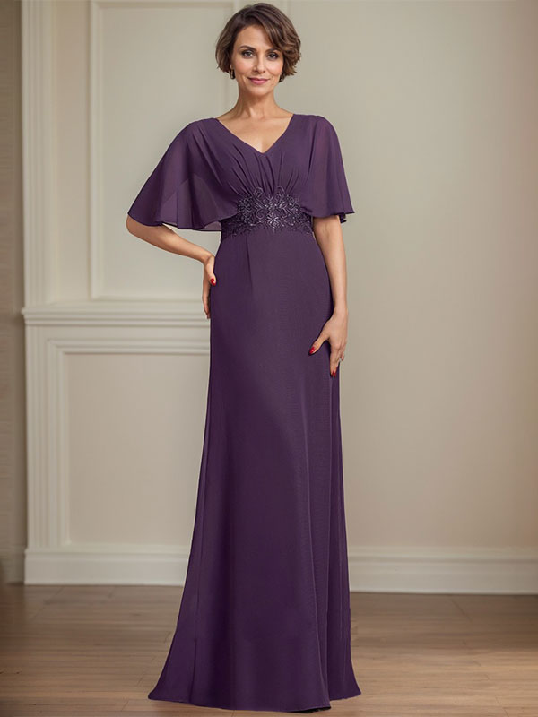 A-Linien-Kleid aus Chiffon mit V-Ausschnitt, bodenlang, für die Mutter der Braut, mit plissierten Paillettenapplikationen und Spitze