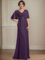 A-Linien-Kleid aus Chiffon mit V-Ausschnitt, bodenlang, für die Mutter der Braut, mit plissierten Paillettenapplikationen und Spitze