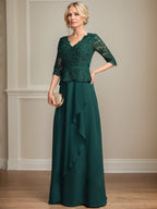 A-Linien-Kleid aus Chiffon mit V-Ausschnitt, bodenlang, mit Spitze, Kaskadenrüschen und Pailletten für die Mutter der Braut 