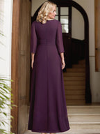 A-Linien-Kleid aus Chiffon mit V-Ausschnitt, bodenlang, für die Mutter der Braut, mit plissierter Perlenstickerei