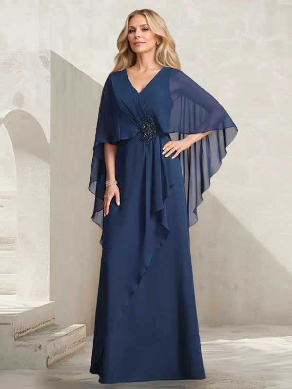 A-Linien-Kleid aus Chiffon mit V-Ausschnitt, bodenlang, mit Kaskadenrüschen und Perlenstickerei für die Mutter der Braut. 
