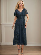 A-Linien-Kleid aus Chiffon mit V-Ausschnitt und Teelänge für die Mutter der Braut 