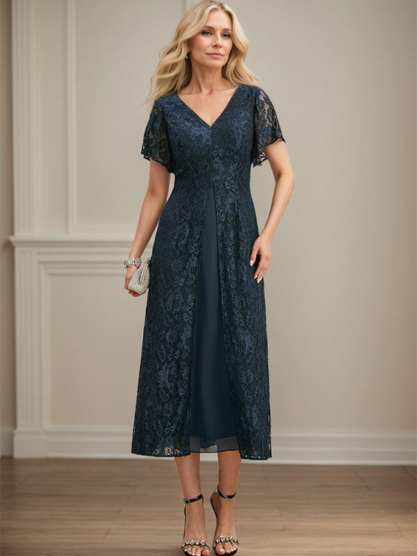 A-Linien-Kleid aus Chiffon mit V-Ausschnitt und Teelänge für die Mutter der Braut 