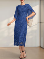 Etuikleid/Säulenkleid mit Rundhalsausschnitt, Teelänge, aus Spitze und Chiffon, ideal für die Mutter der Braut
