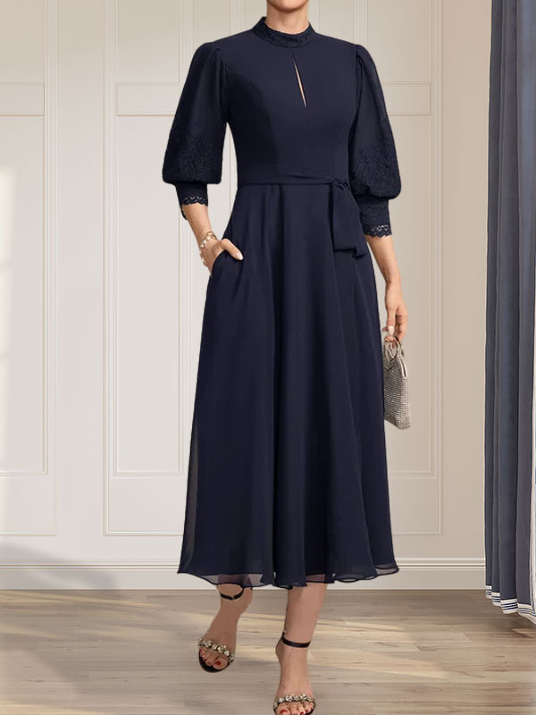 A-Linien-Kleid aus Chiffon mit hohem Kragen, Teelänge und Spitze für die Mutter der Braut, verziert mit einer Schleife