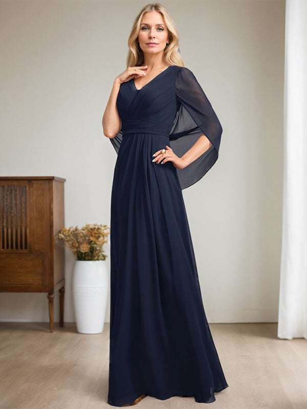 Vestido largo para madre de la novia con escote en V y corte A en azul marino oscuro