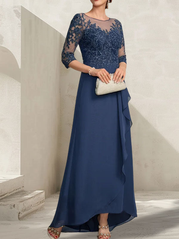 Vestido de madre de la novia de gasa con encaje asimétrico, ilusión, corte A y escote redondo con lentejuelas y volantes en cascada