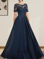 Vestido de gasa con encaje y lentejuelas para madre de la novia, largo hasta el suelo, con escote en A y ilusión