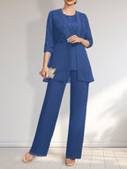 Jumpsuit/Hosenanzug-Set, bodenlanges Chiffon-Spitzenkleid mit Pailletten für die Mutter der Braut mit Rundhalsausschnitt