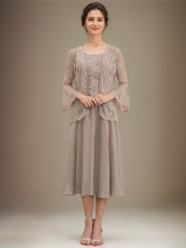 Vestido de gasa con encaje y lentejuelas para madre de la novia, corte A, escote redondo y largo hasta la rodilla 
