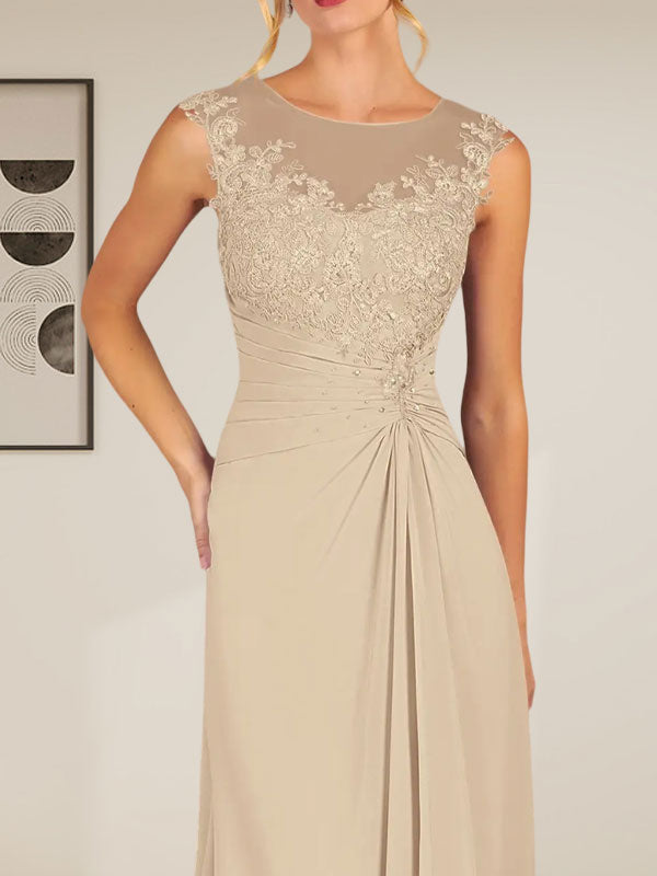 Champagnerfarbenes A-Linien-Chiffonkleid mit Rundhalsausschnitt und Spitze