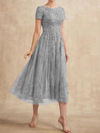 A-Linien-Kleid aus Tüllspitze mit Rundhalsausschnitt und Teelänge für die Mutter der Braut 